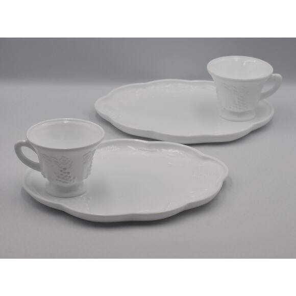 Indiana Colony White Harvest Milk Glass Grape Luncheon Snack Tray & Cup 4pc Set